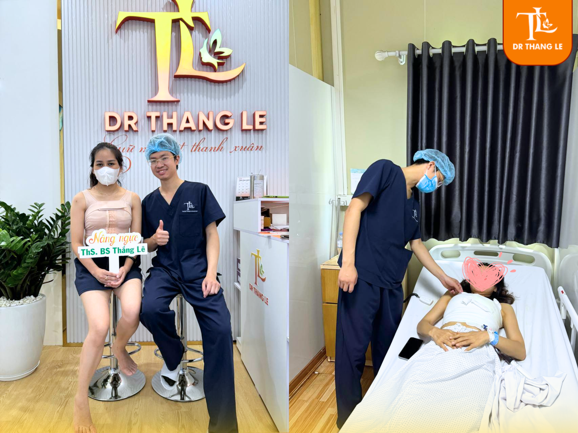 Bác sĩ Thắng Lê và khách hàng sau khi thực hiện thu nhỏ đầu ti tại Bệnh viện Đa khoa Hà Thành.